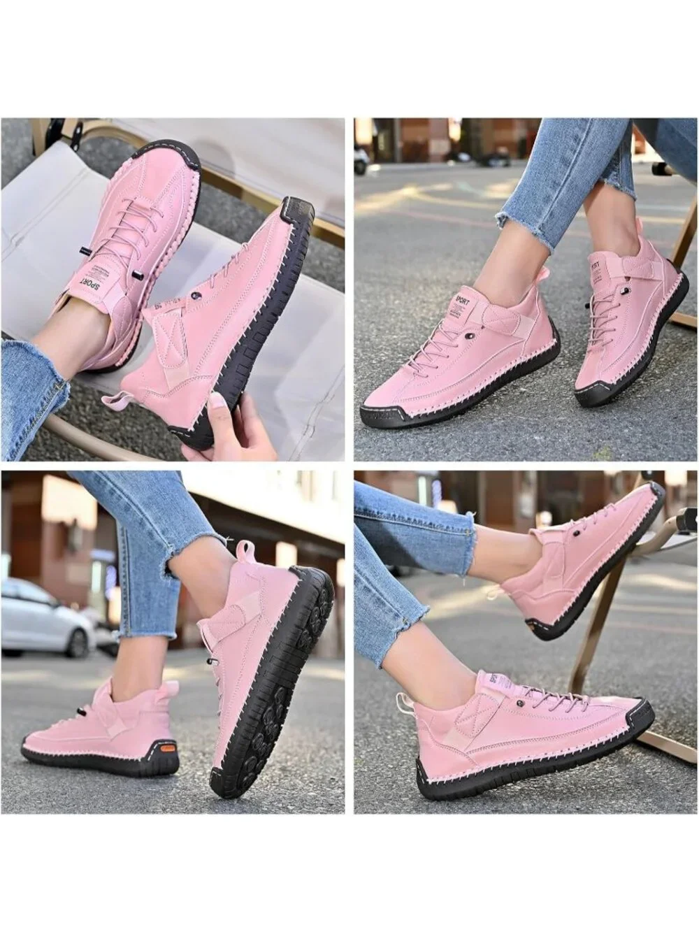 Women's Pink Leather Breathable Loafers Mid top Walking Flats Ankle Chukka Boots